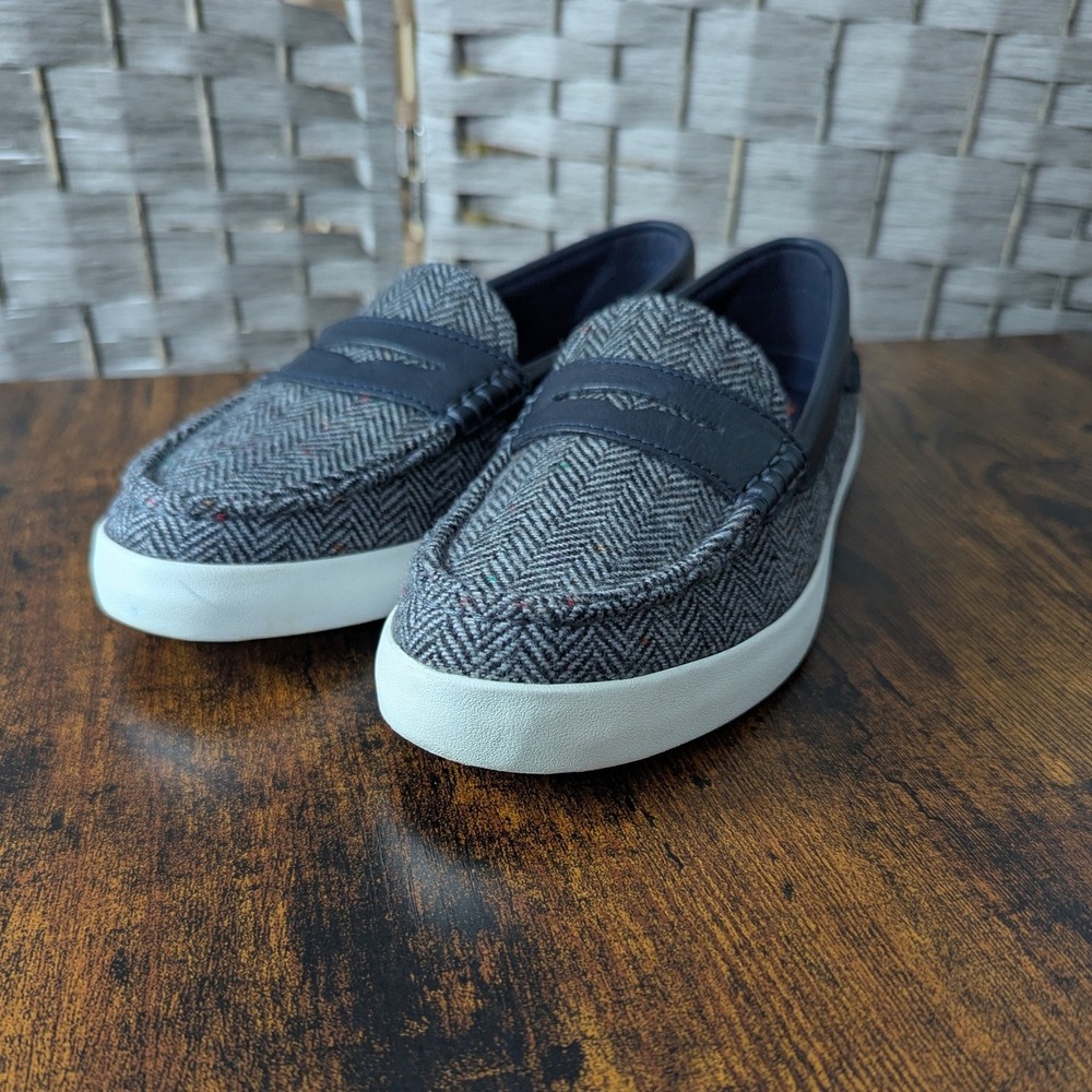 Cole Haan Loafers Navy Grey Herringbone Penny Grand 7B Preppy Nautical Academia